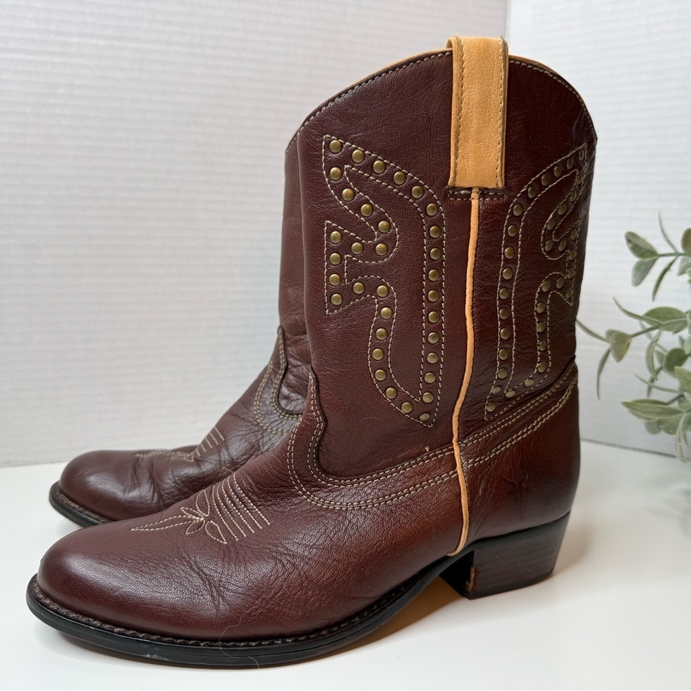 Frye Rodeo Western Cowboy Leather Boots Tan Accents & Gold Studs Boy's Size 4